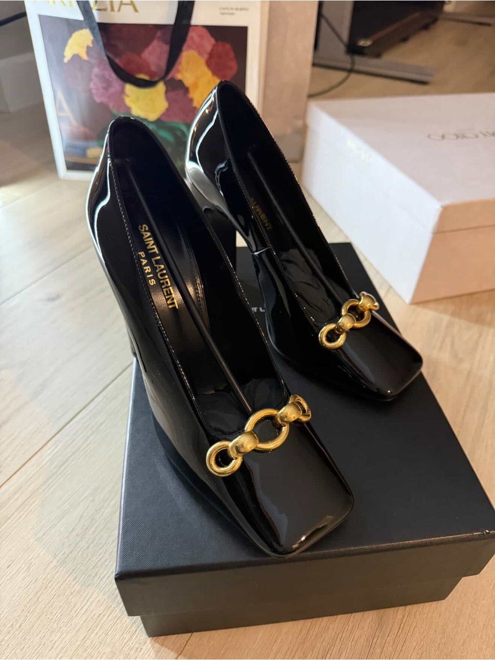 Saint Laurent Black Patent Leather Heels with Gold Chain Detail